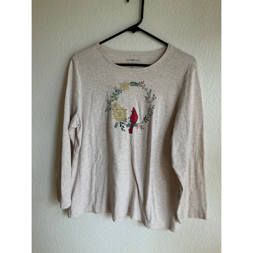Croft & Barrow Womens XL Oatmeal Heather Cardinal Wreath Holiday Long Sleeve Tee